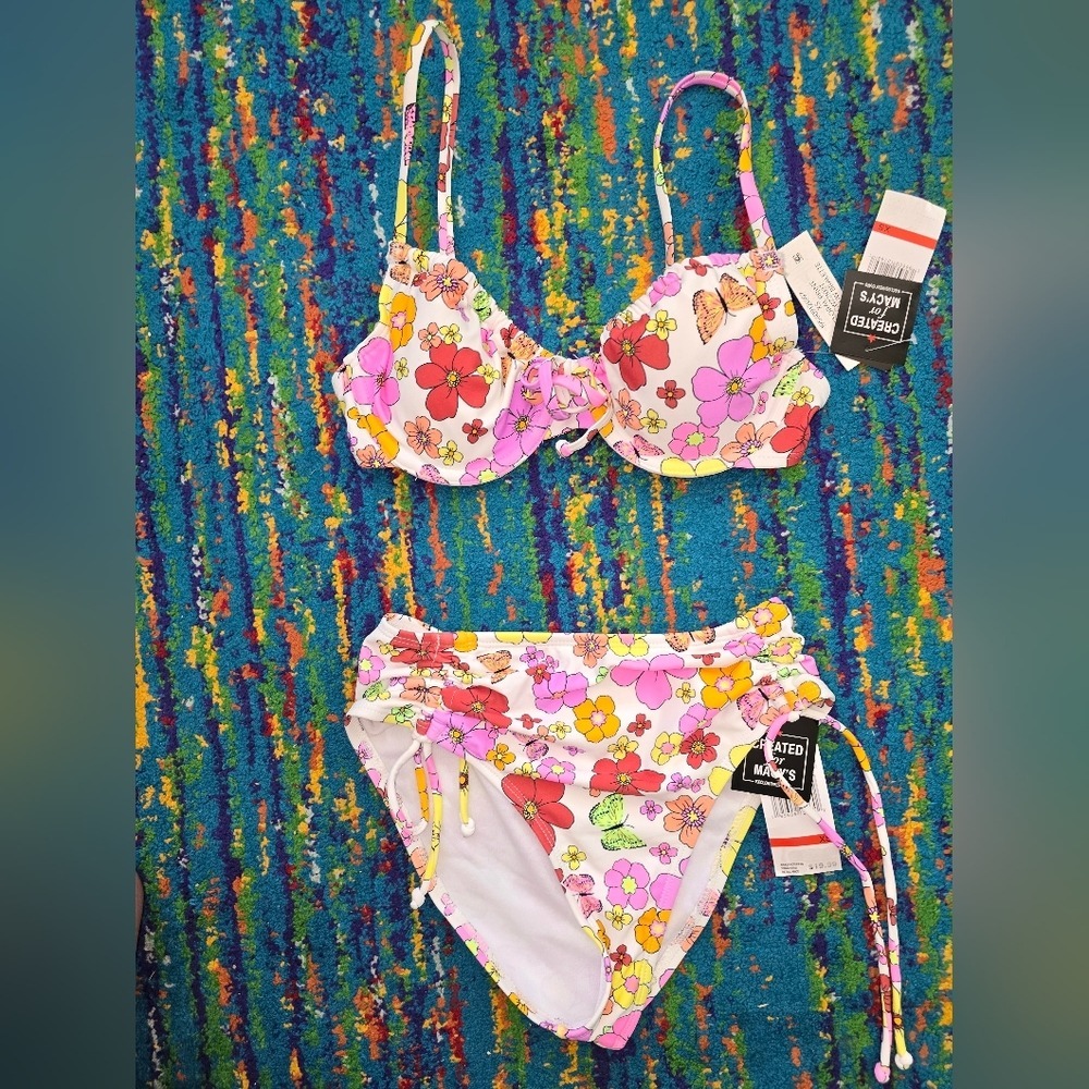 NWT California Waves Bikini Set Floral Butterfly Underwire top/ High Waist SZ XS
